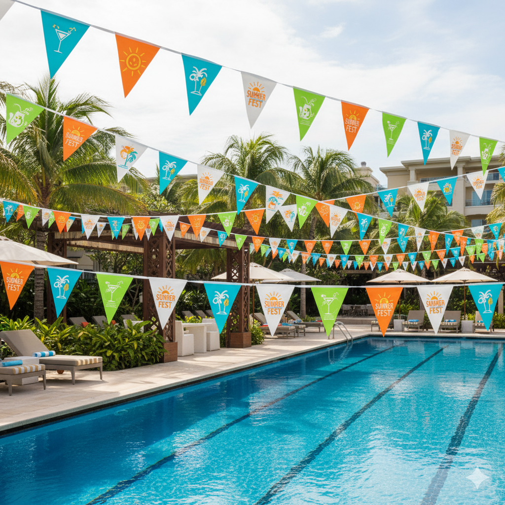 Banderines Personalizados para piscinas y areas publicas y areas exteriores